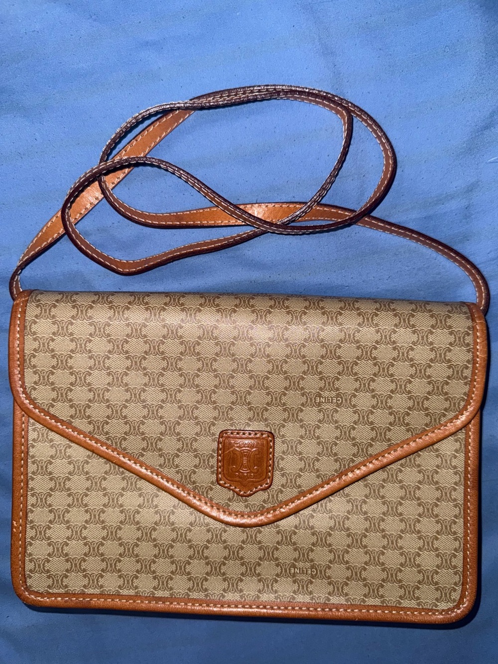 Celine Brown Monogram Envelope Crossbody with Tan Trim